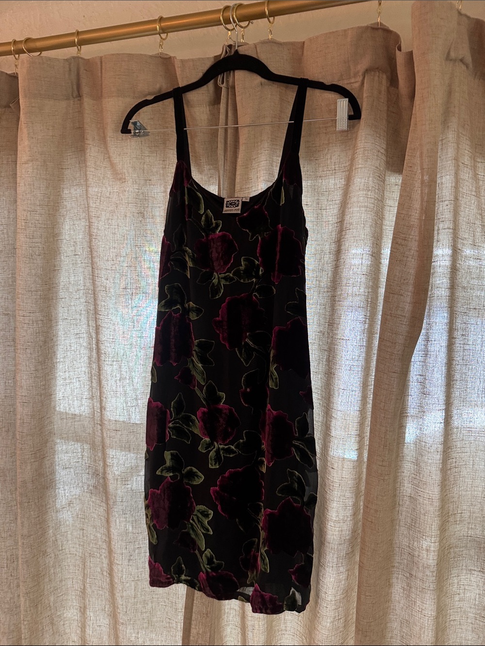 Johnny Was Black Velvet Mini Slip Dress with Burgundy Floral and Matching Scarf